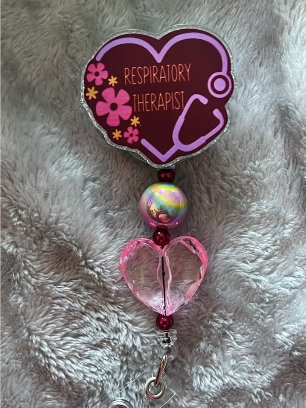 Respiratory Therapist Heart Badge Reel with Pink Heart Charm